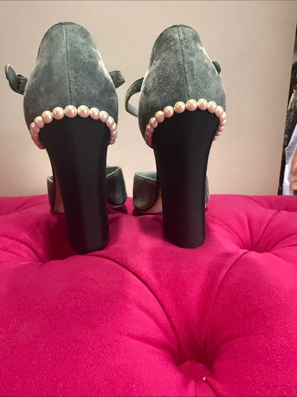 CHANEL Gray Suede Pearl-Trim Ankle-Strap Heels